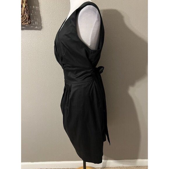 Talbots Black Stretch Cotton Dress 16 Sleeveless V Neck Tie Washable NWT - Picture 3 of 10